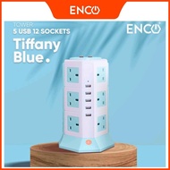 ENCO 5U12K (12 UK Plugs 5 USB port) menara sambungan/sambungan Plug dengan pelindung Surge-White Blu