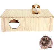 Rumah Kayu Persembunyian 2-Kamar untuk Hamster, Hiasan Habitat Kayu Berbilang Kamar untuk Tikus Chin