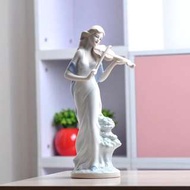 北歐藝術工藝品 西洋女小提琴 高嶺土陶瓷鍛燒 高29cm 手工製做 白色優雅擺飾 收藏