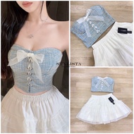 งานป้าย Stylista (เช็คของก่อนสั่งซื้อ) set 2ชิ้นเสื้อเกาะอกแต่งสายแบบผูกด้านหน้า มาพร้อมกระโปรงสั้นแ