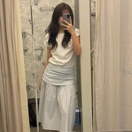 [Ready Stock] Korean White Pure Cotton Puff Sleeve Short Sleeve Pleated Skirt Suit for Women 6191