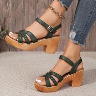 Camel Thick High Heels Sandals Women Summer 2025 Buckle Strap Platform Sandles Woman Woven Cross Ban