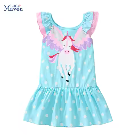 Little maven Children's Clothing Baby Girls 2025 Summer Cartoon Casual Flying Unicorns Princess Dres