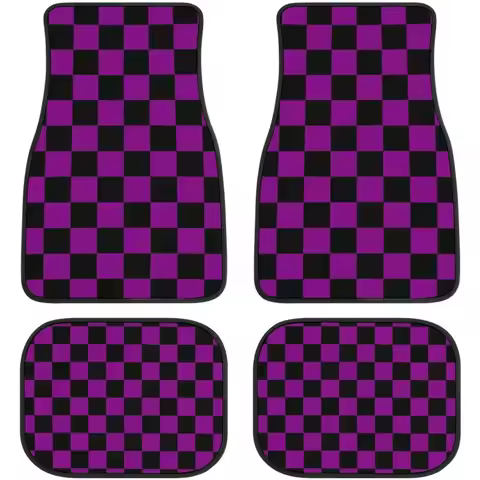 Set Of 4 Car Floor Mats Featuring A Purple And Black Checkerboard Design, Suitable For Suvs, Vans, S