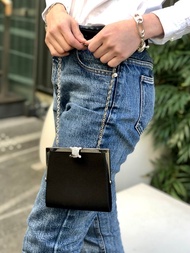 【日本直送 名牌中古包】CELINE 賽琳 肩背包 黑色 銀色 Triomphe 緞面 錢包式 鍊條 vintage 857psb