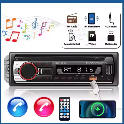 Universal 1Din Car MP3 Player with B-T, Wireless FM Radio, USB/TF/AUX Support, Fast Charger & Time D