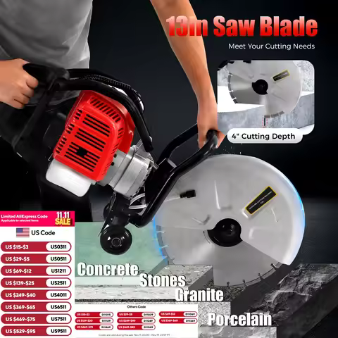 1400W Concrete Cutter Saw 52cc 2-Stroke Gas-powered Cutting Machine Muti-Angle Cutting Tool to Cut C