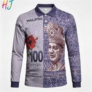 （HJ)Malaysia Merdeka Long Sleeve Polo Shirt, Printed with RM50 & RM100 Ringgit Banknote Pattern, Uni