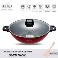 iGOZO Lava Red Non Stick Granite Wok (36cm) [Free Wooden Spatula]