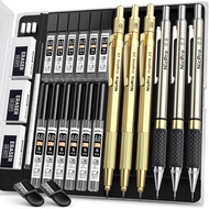 Nicpro Gold Art Mechanical Pencil Set, Metal Drafting Pencil 0.5, 0.7, 0.9mm & 2mm Lead Holder(2B HB