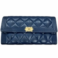 CHANEL 香奈兒 A80286 BOY系列 羊皮 長夾 海軍藍 金釦