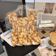 Square Neck Short-Sleeved French Short Floral Hot Girl Small Shirt Navel Flying Sleeve Chiffon Shirt