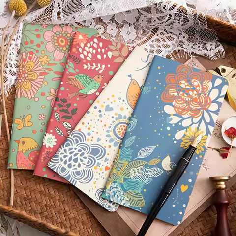 4 sets Romantic Flower and Bird Retro Notebook, beige kraft paper inner pages, student notebook