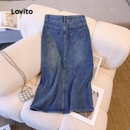 (Trendy) Lovito Casual Plain Split Denim Skirt for Women LNA102008