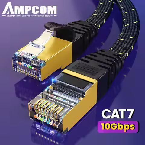 AMPCOM CAT7 Ethernet Cable Flat Lan Cable SFTP Round RJ45 Network Cable Cat 7 Internet Cord for Rout