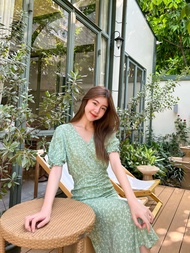 SUUBE Official Jelly dress-Spring green (ลายดอกเขียว)เดรสยาวลายดอก แขนตุ๊กตา ผ้าCotton เนื้อนิ่มพริ้ว ชุดมีซับใน