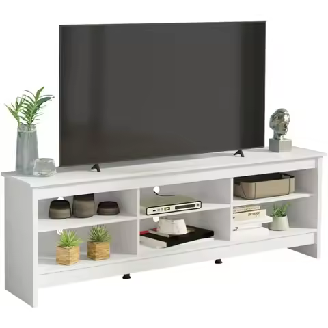 TV Stand with 6 Shelves and Cable Management, for TVs up to 75 Inches, Wood TV Bench, 23” H x 14" D 