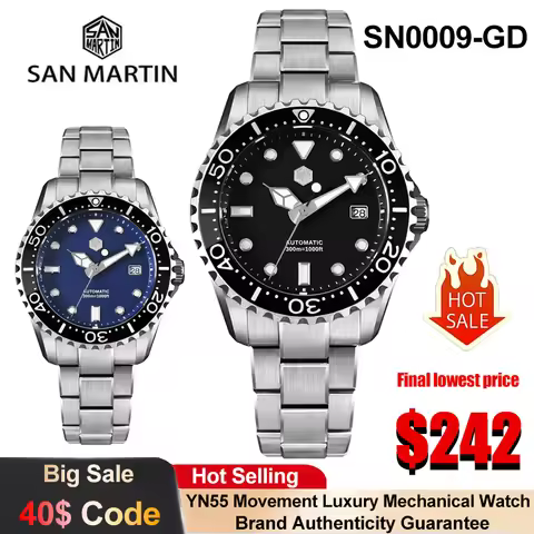 San Martin SN0009 Mechanical Watch YN55 Automatic Movement 300m Waterproof Diver Watch Enamel Dial C