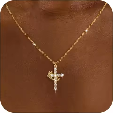 Ladies' Diamond Cross Necklace - Exquisite 14k Gold Cubic Zirconia Pendant Necklace Simple Gold Cros