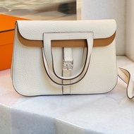 99新 Hermes 愛馬仕halzan25奶油白內拼芝麻色銀扣TC皮Z刻配件盒子塵袋