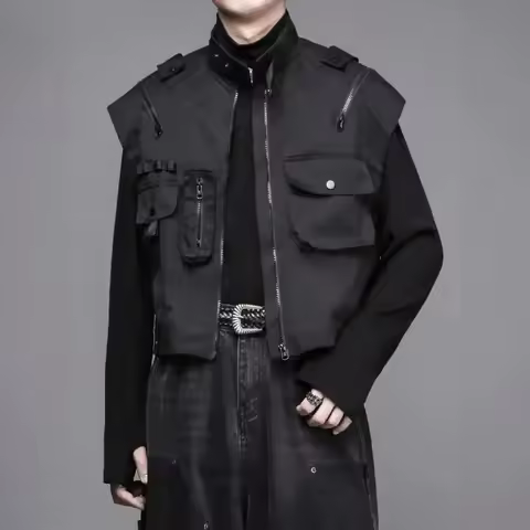 Men Dark Multi-Pocket Waistcoat Patch Pocket Vest Casual Versatile Safari Style Jacket