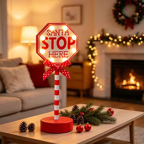 Santa Stop Here Sign Light LED Lighted Christmas Tabletop Decoration Octagon Sign House Shape Xmas O