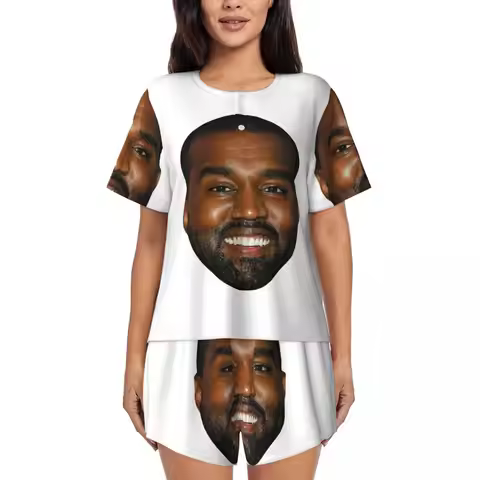Custom Print Women's Funny Kanye West Meme Pajamas Set Short Sleeve Rapper Music Producer 2 Piece Sl