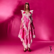 TandT - MORNING GLORY PINK DRESS - SWEET CHILD PRINTED LACE TRIMMED TIE FRONT MAXI DRESS เดรสยาวสายเ