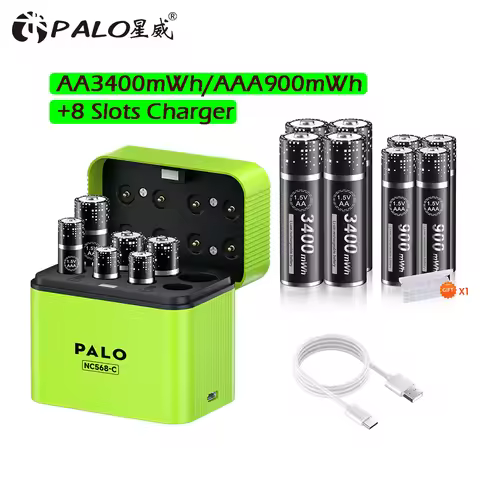 PALO 3400mWh 1.5V AA AAA Lithium ion Rechargeable Battery with 8-channel magnetic flip charger for 1