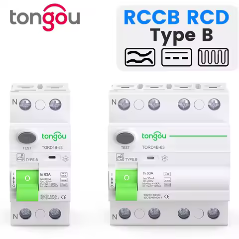 TONGOU RCD RCCB ELCB Type B EVES 30/100/300mA 2P 4P AC 63A 10kA Din Rail 35mm Residual Current Circu