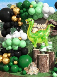 綠黑白氣球花環拱門套件，配綠色鋁膜球與鉻金氣球套裝，適用於生日派對、嬰兒淋浴派對和畢業慶典的叢林野生恐龍主題裝飾用品