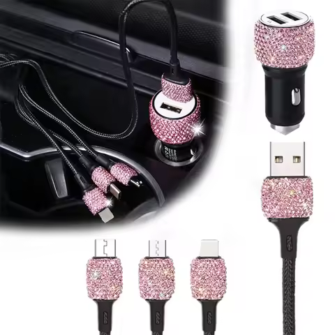 USB Car Charger Pink Crystal Diamond 5V 2.1A Dual Port Fast Charging Adapter 3 in 1 Charging Cable f