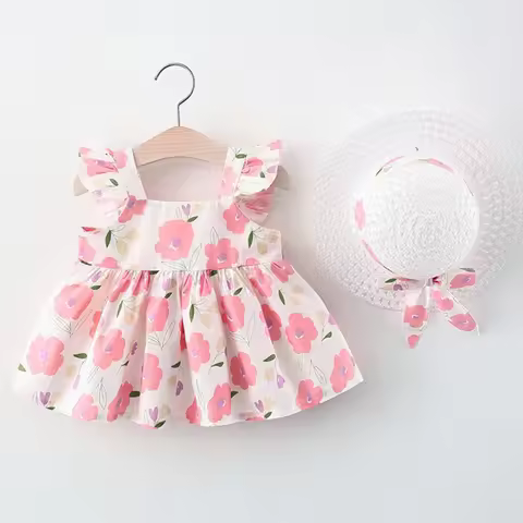 2Piece Sets Summer Outfit Baby Girl Costume Toddler Dresses Korean Cute Flowers Princess Beach Dress
