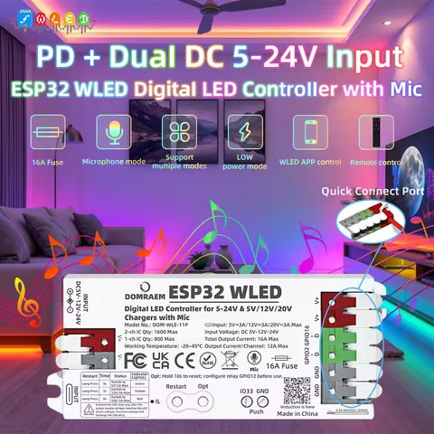 PD Power Fast Setup DOMRAEM ESP32 WLED Controller with Mic Dual 5-24V DC Input, 16A Fuse for WS2811 