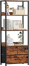 Furologee 59" Tall Bookcase Storage Shelf 4-Tier, Industrial Bookshelf Rack with 3 Fabric Storage Drawers, Wood Top for Photos Books, Display in Bedroom,Living Room, Office, Kitchen