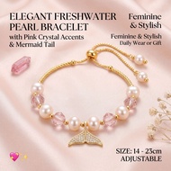 Elegant Freshwater Pearl Bracelet with Pink Crystal & Mermaid Tail Charm | Adjustable Women’s Jewelr