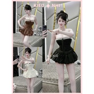Women's Set Corset Cup Top with Lace Trim Mixed with Secret Skirt - Luxurious Coquette Lady's Party 