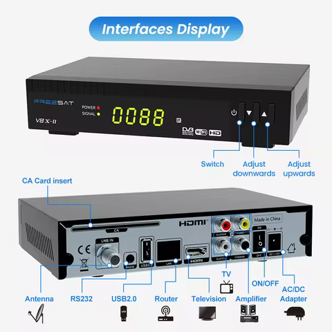 FREESAT V8 X - II Satellite Receiver, DVB - S2X/S2/S, 2Gb RAM, 7 - Day EPG, Multi - Language, Built 