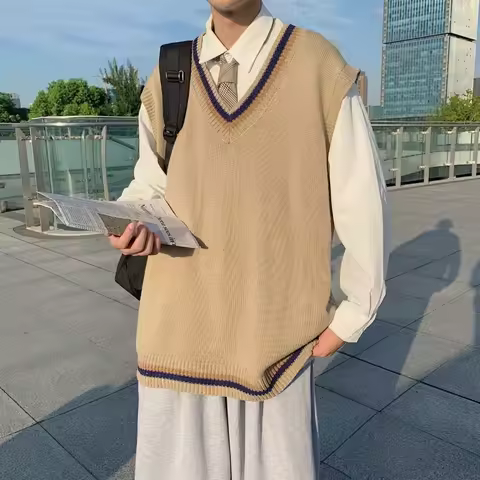 Men's Knit V Neck Sweater Casual College Style Outfit Autumn Winter Uniform Couple Wear Versatile Ho