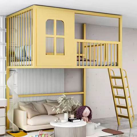 Loft loft elevated bed sheet upper and lower empty lower desk wrought iron tree house castle childre