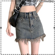 Women's Denim Skirt Gyaru Skirts for Woman Clothes Fringe Short Jeans Mini Streetwear Offer Free Shi