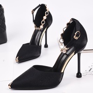 [Ready Stock] 2024 New Style High Heels Women Pointed Toe Black Satin Wine Glass Heel Girl Flat Buckle Strap Stiletto Shoes Women's Shoes Balance Anti-slip Breathable Student Party Office Workers