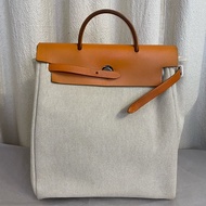 Hermes 愛馬仕中古款 雙肩包 C 框E 卡其色拼焦糖色帆布包