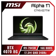 MSI Alpha 17 C7VG-027TW 微星超狂效能電競筆電/R9-7945H/RTX4070 8G/16GB DDR5/1TB PCIe/17.3吋 QHD 240Hz/W11/RGB背光電競鍵盤