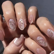 Exquisite Butterfly Pattern Cat Eyes Crystal Fake Nails Shiny Wearable Round Edge False Nails MY037