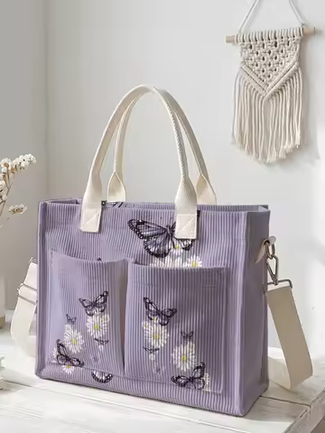Purple Butterfly & Daisy Print Corduroy Tote Bag Large Capacity Multi Pocket Nature Lover Commuter S