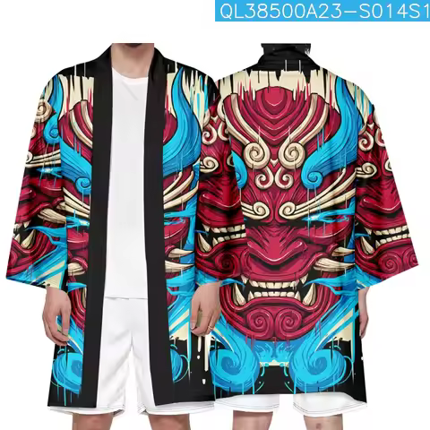 Yukata Men Women Fashion Demon Print Cardigan Blouse Haori Obi Asian Clothes Harajuku Japanese Cospl