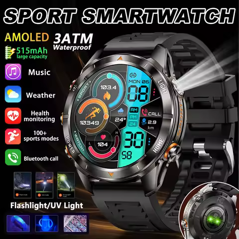 2026 New Rugged Military Smart Watch Men AMOLED HD Screen 515 mAh Battery Waterproof SWIM Watch BT C