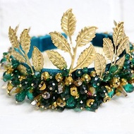 Emerald gold crown with leaves Beaded tiara Green royal diadem Bridal crown
