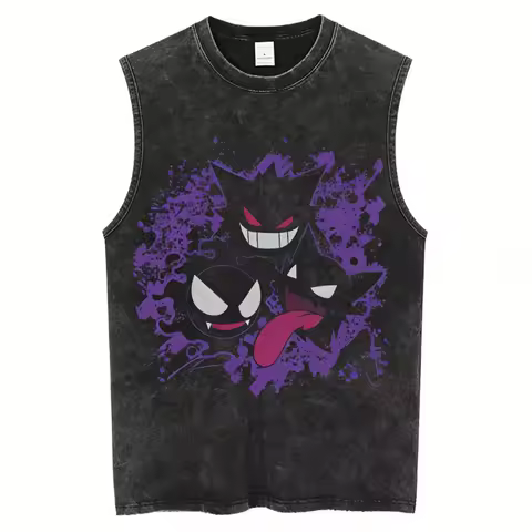 Men's Gengar Gastly Haunter Pokemon Vintage Washed Tank Top, Casual Cotton Sleeveless Anime Tee